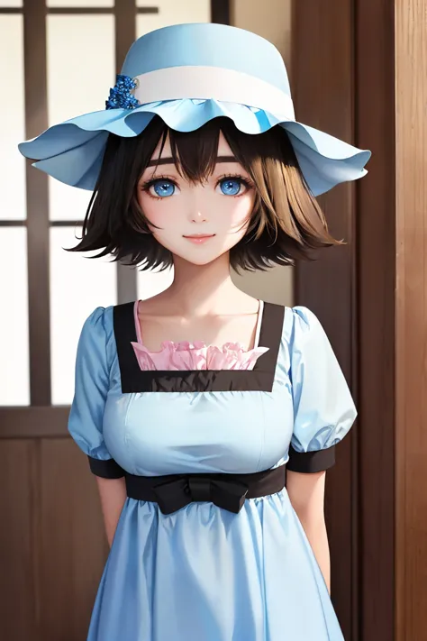 (masterpiece, best quality:1.2), solo, 1girl, shiina mayuri, smile, looking at viewer, arms behind back, hat, blue dress, short sleeves <lora:steinsgate_shiina:1.0>