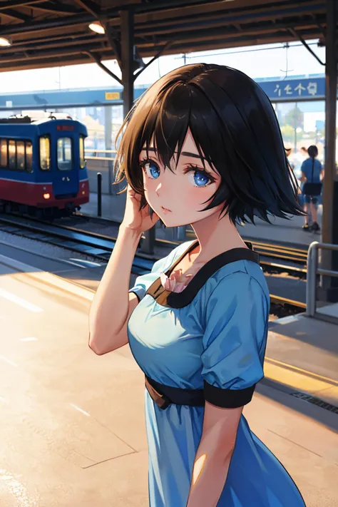 <lora:steinsgate_shiina-08:1> shiina mayuri, blue dress, short sleeves,
masterpiece, best quality, absurdres, from side, train station, train platform, indoors, night, upper body, looking at viewer, worried