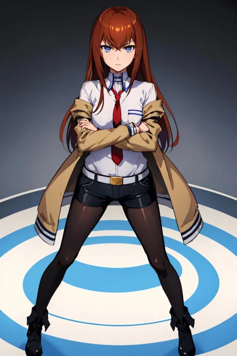 (masterpiece, best quality:1.2), solo, 1girl, makise kurisu, expressionless, looking at viewer, crossed arms, jacket, off shoulder, collared shirt, red necktie, black shorts, pantyhose, legwear under shorts <lora:steinsgate_makise:1>