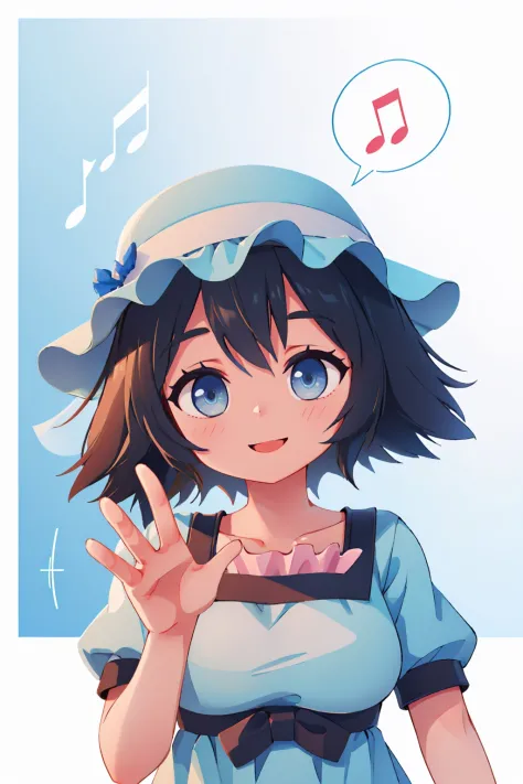 (masterpiece, best quality:1.2), solo, 1girl, shiina mayuri, spoken musical note, smile, looking at viewer, waving, hat, blue dress, short sleeves 