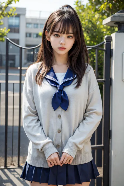 ultra realistic, masterpiece, epic scene, best quality, ultra details, ultra high res, raw photo, intricate details, extremely detailed CG,
<lora:add_detail:0.5>,
real photo of girl, ponytail long hair, black hair, sad expression, Looking down,
white short shirt, blue sailor collar, wide sailor collar, neckerchief, blue skirt, grey cardigan,
school, In front of the school gate, The morning sun is shining,
<lora:school_outdoors_v0.2:1>,