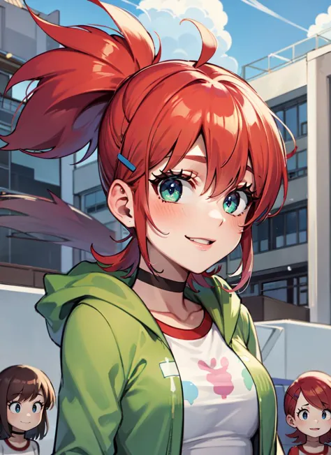 ((best quality)), ((highly detailed)), absurdres, detailed face, beautiful face, (detailed eyes, deep eyes), (1girl), dynamic pose, upper body, <lora:frankieFosterLora_v3.1:.9>, frankie foster, green eyes, red hair, spiky hair, ponytail, medium breasts, smiling, white shirt, green zip-up hoodie, midriff, choker, grey skirt, blue sneakers, purple hairclips, (outside, <lora:school_outdoors_v0.2:1>, at a school, building, (((multiple girls))), afternoon)