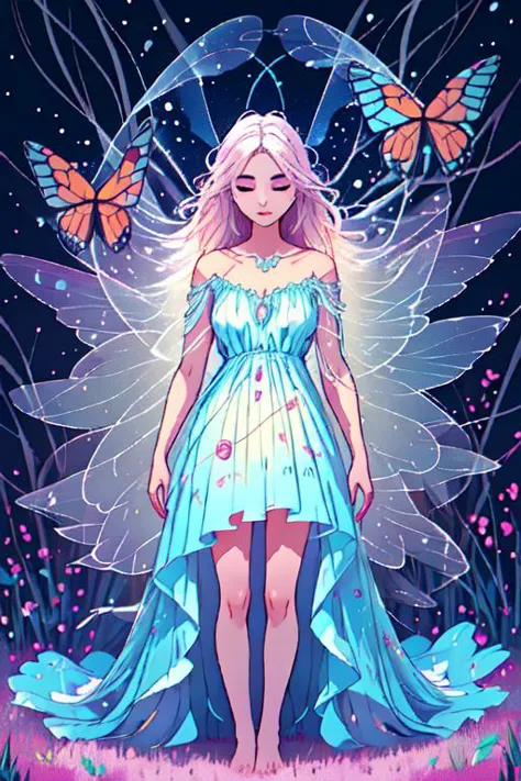 a woman in a blue dress with butterflies on her wings