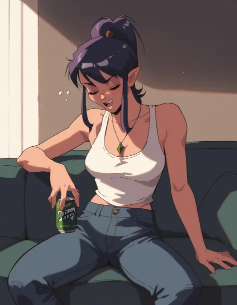 a woman sitting on a couch with a beer in her hand