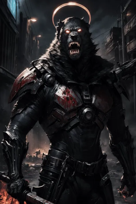 dark art, blood, violent, poster, di0el10, 1boy, a god, angry face, cyberpunk, halo, weapons, (masterpiece, top quality, best quality, official art, beautiful and aesthetic:1.2), extreme detailed, epic cinematic, soft nature lights, rim light, absurd, amazing, hyper detailed, semi realistic, soft colors, 