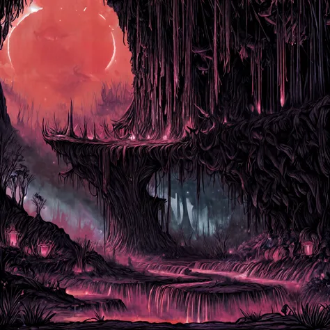 a painting of a cave with a waterfall and a red moon