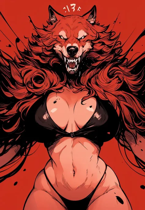 wolf face with womans body, red background, (close-up:1.1), girl ( standing:1.2), cleavage, (looking at viewer:1.3), (slim body type:1.2), (large breast size:1.2), BREAK  dark theme, pastel lights,<lora:Horror_Ink_Style-000008:.7> , dark art, blood, violen...
