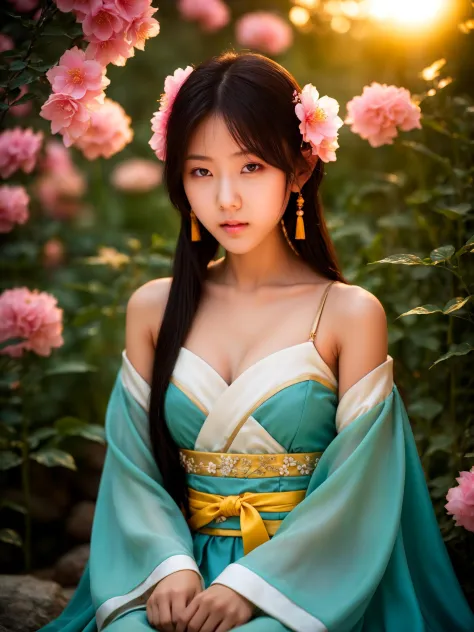 film photos of underage girls,proud and sexy,colorful,fantasy,sitting in the midst of huge flowers,close up,bokeh,japanese girl,<lora:XZX-SDXL:0.79>,real skin pores are clearly visible,gorgeous chinese hanfu,extreme cutie,very beautiful,(kneeling:1.2),thin,slender_waist,cute hair clip,real human with perfect anatomy,(Volumetric Lighting),golden hour,huge filesize,reality,realistic,(breast augmentation:0.6),