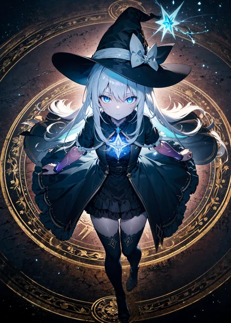 1girl, solo, stand up, Grimoire, aura outline, absurdly long hair, white hair, one side up, witch hat, witch dress, skirt, petti...