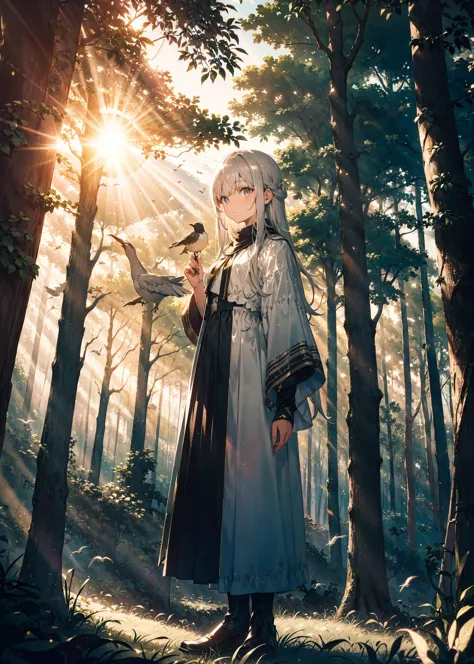(Composition) A girl standing in the forest. (Girl) long silver hair, looking at the left side. girl looking at bird on her hand...