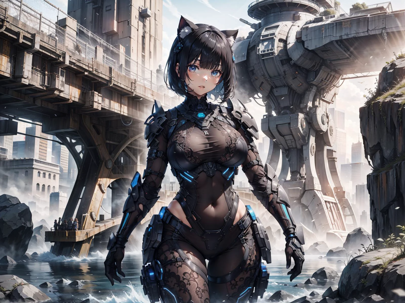 1girl, (solo:1.1), huge breasts, sagging breasts, narrow waist, curvy, scenery, skin tight, scifi, futuristic background, bob cut, hime cut, swept bangs, blunt bangs, cat ears, lac34rmor, lace, lace exosuit, lace warrior armor, see-through