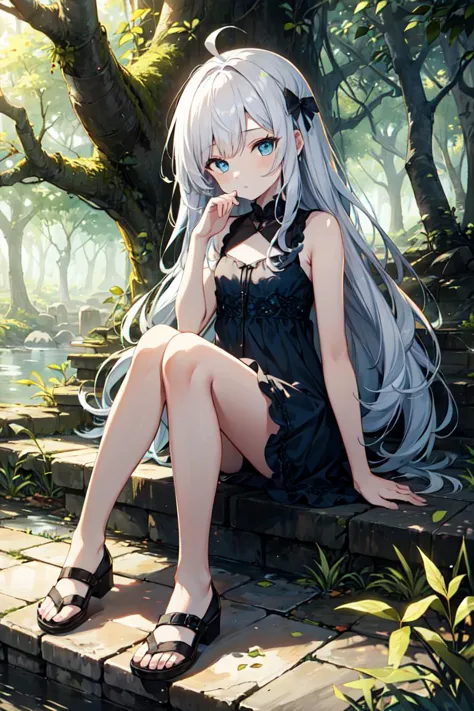 Masterpiece, highres, HDR, best quality, 1girl, flat chest, ahoge, white hair, absurdly long hair, blue eyes, expressionless eye...