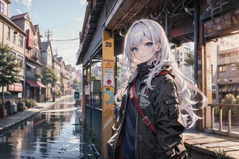 pixai, highres, HDR, best quality, girl, city, intricate details, city street,