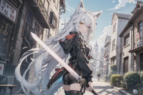 a girl with flowing black and white hair has a sword in her hand, 1girl, animal ears, weapon, fox ears, tail, solo, white hair, ...