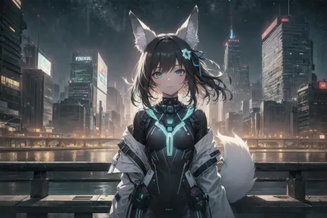 masterpiece, best quality, (((masterpiece portrait))), ((Ultra-detailed)), black hair, ((white fox ears)), 1fox tail, hair ribbon accessories, choker, medium breasts, black body suit, white transparent jacket, ((futuristic sci-fi city)), standing within the city, ((depth of field)), starry night, wind, breeze, (beautiful and delicate fabric), fullbody,