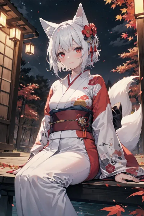 ((masterpiece:1.4, best quality)), ((masterpiece, best quality)),girl sitting in a Japanese-style garden, featuring white,red and orange lights,wearing a futuristic kimono,white hair,red eyes,smile,fox ears,falling autumn leaves,night