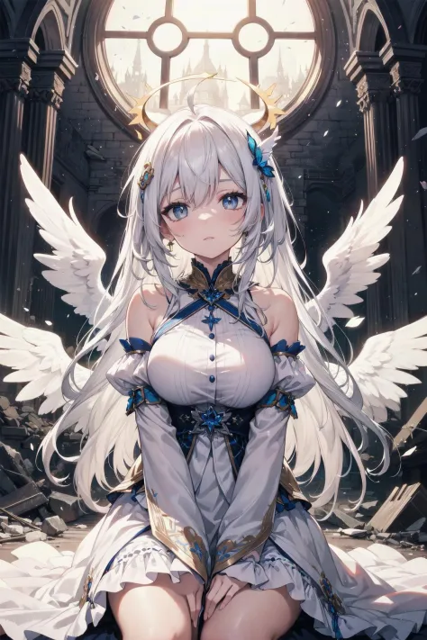 best quality, masterpiece, ultra-detailed, illustration, (beautiful detailed eyes), beautiful, amazing, detailed eyes, (detailed skin), (oily skin), 1girl,solo,angel girl, tattered church, rubble, scattered glass,white hair, long hair, fluttering hair, halo, ahoge, splendid priestly clothes, big wings, white wings, sit, waliza, hands between legs,looking up , particle , whole body, cowboy shot,moonlight, natural light,{{{{masterpiece}}}}, {{{hyper detailed}}}, {{{highres}}}, {{{8k}}}, {{perfect body}}, {{beautiful detailed eyes}}, {{colorful}}, {{vivid color}}