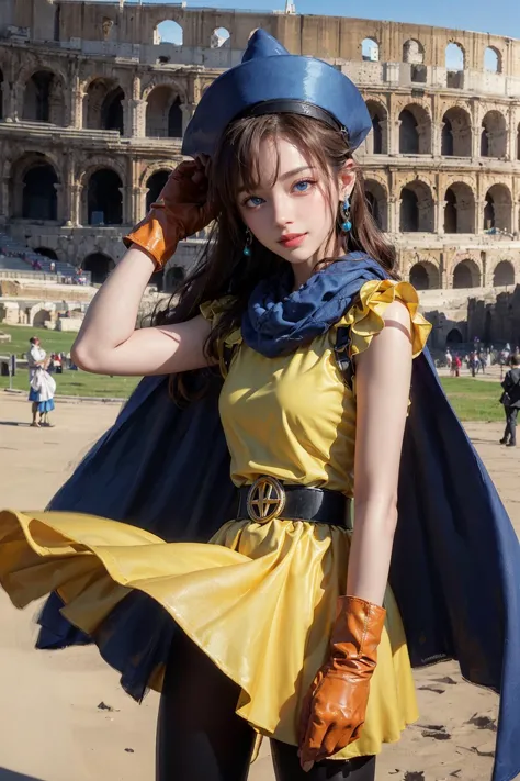 arafed woman in a yellow dress and blue hat posing for a picture