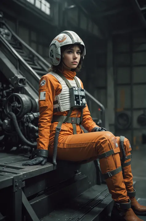 defeated woman in rebel pilot suit sitting on the stairs in a hangar,intricate detail, modern, 16k, digital art, artstation, cin...