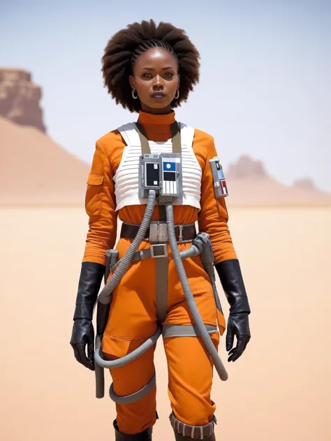 gigner african woman in rebel pilot suit,on a desert<lora:RebelpilotXL:0.8>