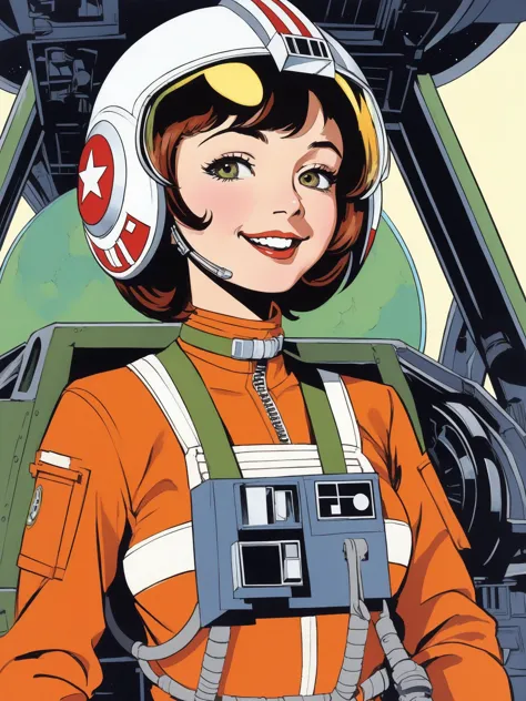 art by jack kirby,woman in rebel pilot suit,hangar,smiling<lora:RebelpilotXL:0.8>