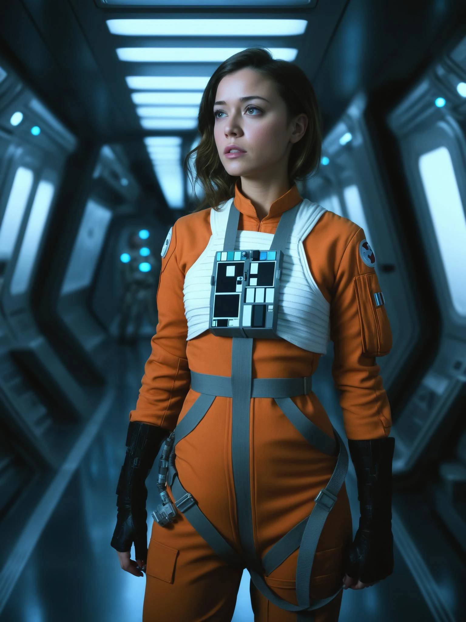 belle femme en costume de pilote rebelle,sur une station spatiale,couloir,je regarde la technologie,Pensée,chef-d&#39;œuvre,Détails complexes