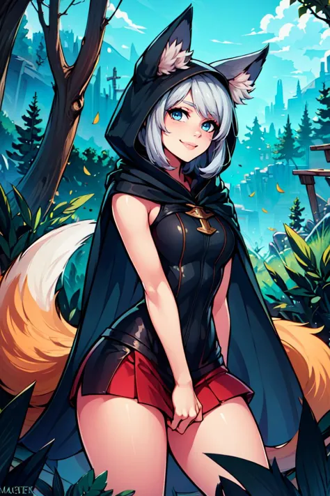 ((masterpiece,best quality)), absurdres, <lora:Ira_AFK:0.7>, Ira_AFK, cape, fox tail, hood up, mini skirt,  smiling, solo, smiling, looking at viewer, cowboy shot,  forest in background, ,