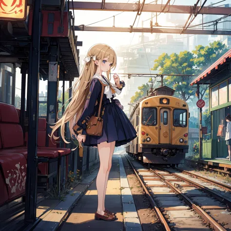 (masterpiece,4k, best quality,slim,thin,skinny,petite), Studio Ghibli,hdr,long wide-shot,Highly detailed,ultra-fine painting,physically-based rendering,extreme detail description,Professional,Vivid Colors,complex background,complicated background,meticulous background,clear distinct detailed background, steampunkai,steam punk, (train,stop,railroad tracks, railroad signal, sea,a girl waitng for train,train station), 1girl,(full body:1.2),from side, sailor dress,very long hair,bare legs, bottomless,anklet,