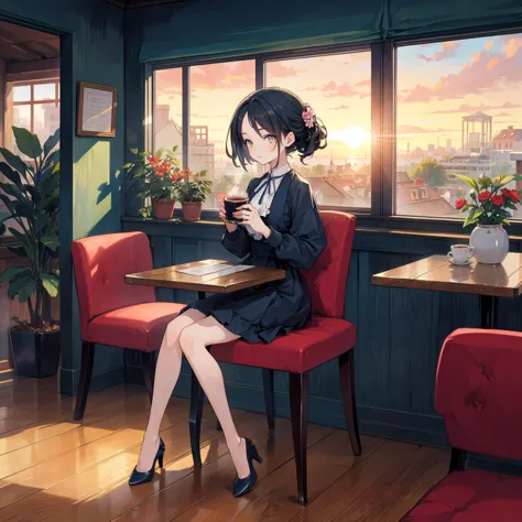 anime girl sitting at a table with a cup of coffee