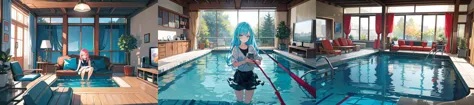 highly insanely detailed, masterpiece, top quality, best quality, highres, 4k, 8k, RAW photo, distinct_image, livingroom, pool, tv, sofa, wet, girls, looking at viewer, smile, wading pool