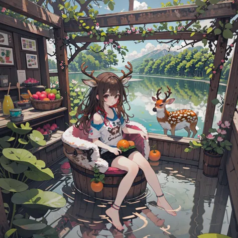 8k,4k,highres,absurdres,best quality,masterpiece,digital artwork,illustrative,painterly,matte painting,highly detailed,distinct image,cg,
very wide shot,
a girl with a ((gaint deer)) sitting in a Wooden bucket partially submerged in the lake,
1girl,partially submerged,(full body:1.2),(brown simple single bare shoulder t-shirt:1.2),brown hair hair,deer ears,black eyes,floating hair,very long hair,collarbone,
tree,lake,fruit,bridge,jungle,weeds,lotus,treehouse,secretbase,house on cliff,reflection,dappled shadow,day,cloudy sky,Wooden bucket,carrot,radish,blurry reflection,fur-trimmed blanket,
deer,animal,
<lora:Gloomifier_V2_TheGlow:-1>,
<lora:LCM-LoRA_sd15:1>,
<lora:neg4all_bdsqlsz_V3.5:1>,
<lora:zoom_slider_v1:-5>,
<lora:detail_slider_v4:2>,
<lora:niji - Cthulhuï¼Tentaclesï¼_v1.0:1:0.4:lbw=STYLEONLY>,
<lora:YHM_V7:1:0.7:lbw=STYLEONLY>,
<lora:HeightRatioSlider_v2:-1>,