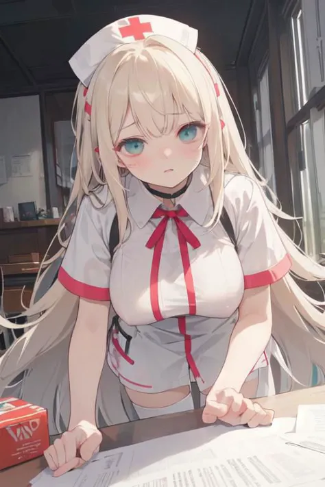 anime girl with long hair and a nurse uniform sitting at a table