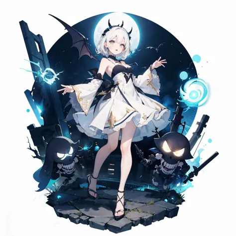 1girl, (full body:1.3), white dress,a holy woman, luminous white eyes, beautiful, luminous, brilliant, white energy waves, supernatural powers, dynamic and stylish stance, open palms, one foot in front of the other, view from face, face slightly lowered to the ground, very dark background, demonic creatures all around the girl, skeletons, special effects, hideous monsters lurking, masterpiece, high details, intricate details, best quality