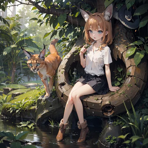 8k,4k,ultrares,highres,(masterpiece, top quality, best quality),extreme detailed,colorful,highest detailed,ultra-detailed,(highly detailed CG illustration),(Gorgeous background),ultra-fine painting,Vivid Colors,panorama view,
rainy day,A girl curled in a tree hole to take shelter from the rain,1girl,solo,full body,brown hair,heavy rain,(tree hole:1.3),sitting in tree,fur toeless boots,long pleated skirt,bare legs,
jungle,vines,(caracal:1.3),