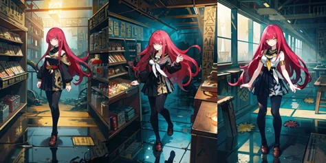 anime girl in library with bookshelves and shelves full of books