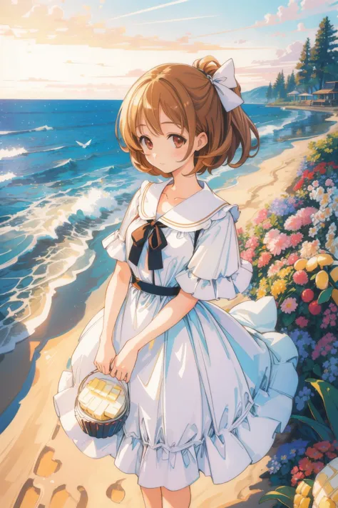 a girl in a dress standing on a beach next to the ocean