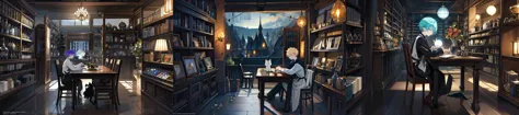 (otherworldly, otherworldly atmosphere, otherworldly appearance), highly insanely detailed, masterpiece, top quality, best quality, highres, 4k, 8k, RAW photo, a boy sitting at a table in a room filled with shelves and a cat on the floor in front of him, Cedric Seaut (Keos Masons), 2 d game art, concept art, magic realism, (fantasy world)