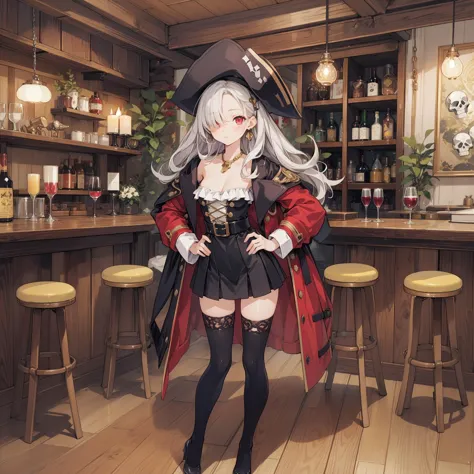 anime girl in pirate costume standing in a bar with stools