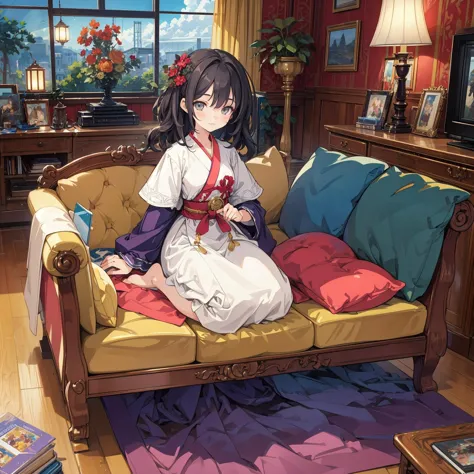 top quality, official art, (beautiful and aesthetic:1.2), extreme detailed,colorful,highest detailed, offical art, an extremely delicate and beautiful, intricate,colorful,detailed and intricate background,perfect mechanism,perfect perspective,8k, high_resolution,distinct_image,extremely detailed CG,, livingroom,pool,tv,sofa,wet,girls,,looking at viewer,smile,seiza on sofa, no shoes,rug