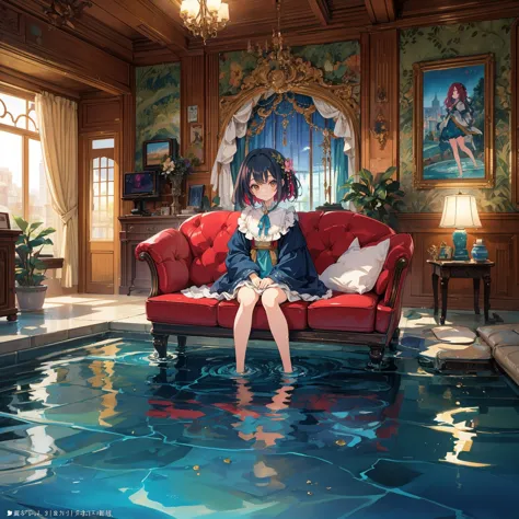 anime girl sitting on a red couch in a living room