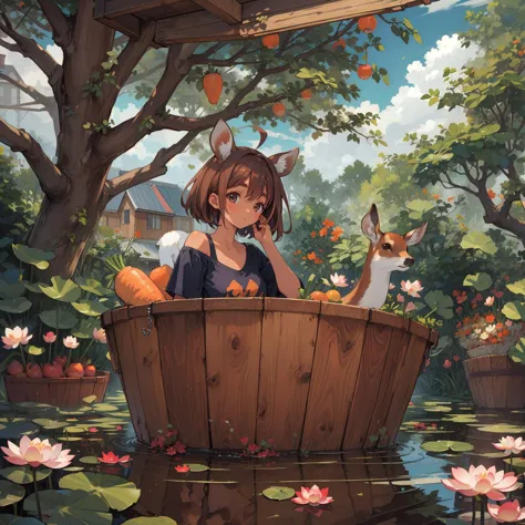 very wide shot, a girl with a deer sitting in a Wooden bucket partially submerged in the lake, 1girl,partially submerged,upper body,brown shirt,bare shoulder,t-shirt,short_sleeves,brown hair hair,deer ears,black eyes,floating hair,very long hair,collarbone,ahoge, tree,lake,fruit,bridge,jungle,weeds,lotus,treehouse,secretbase,house on cliff,reflection,dappled shadow,day,cloudy sky,Wooden bucket,carrot,radish,blurry reflection, deer,animal,dark_skin,dark-skinned_female, thick_eyebrows,