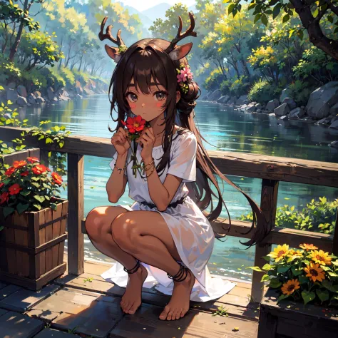 8k,4k,ultrares,highres,(masterpiece, top quality, best quality),extreme detailed,colorful,highest detailed,ultra-detailed,(highly detailed CG illustration),(Gorgeous background),ultra-fine painting,Vivid Colors,panorama view,
forest,bridge,river,(deer ears),(deer),tree,dappled sunlight,falling leaves,floating hair,outdoors,market stall,wooden bucket,
(1girl),(solo),full body,flat chest,squatting,((brown dress, very long dress)),brown hair,very long hair,(dark skin),narrow waist,forehead,flower anklet,barefoot,flower bracelet,black eyes,thick eyebrows,((body blush)),((blush stickers)),
((spoken blush,>///<)),(antlers),short sleeves,slender face,thin face,holding flower,
<lora:skin_tone_slider_v1:2>,
<lora:weight_slider_v2:-1>,