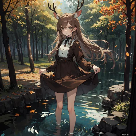 8k,4k,ultrares,highres,(masterpiece, top quality, best quality),extreme detailed,colorful,highest detailed,ultra-detailed,(highly detailed CG illustration),(Gorgeous background),ultra-fine painting,Vivid Colors,
forest,bridge,river,deer ears,deer,tree,dappled sunlight, falling leaves, floating hair, outdoors, market stall, wooden bucket, water,wading,
(1girl),(solo),full body,looking at viewer,emphasis lines,sexually suggestive,
brown hair,very long hair,empty eyes,flat chest,covered ears,shiny skin,swept bangs,wet hair,brown eyes,forehead,
((, puzzled expression,puzzled look,spoken question mark),full-face blus)
anklet,barefoot,((brown dress)), ((very long dress,long sleeves)),