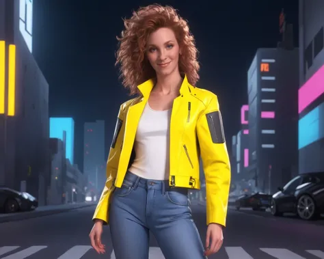 a close up of a woman in a yellow jacket and jeans