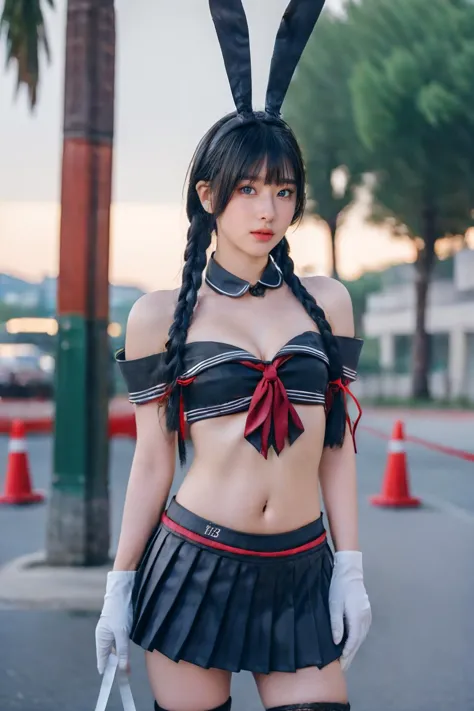 1girl,solo,cowboy shot,outdoors,medium breasts,ruanyi0002,rabbit ears,((navel)),pleated skirt,, (8k, RAW photo, best quality, masterpiece:1.3),(realistic, photo-realistic:1.37),realistic skin texture,(photorealistic:1.3),(hyperrealistic:1.2), 1 cute girl,solo,( beautiful eyes:1.2),perfect face