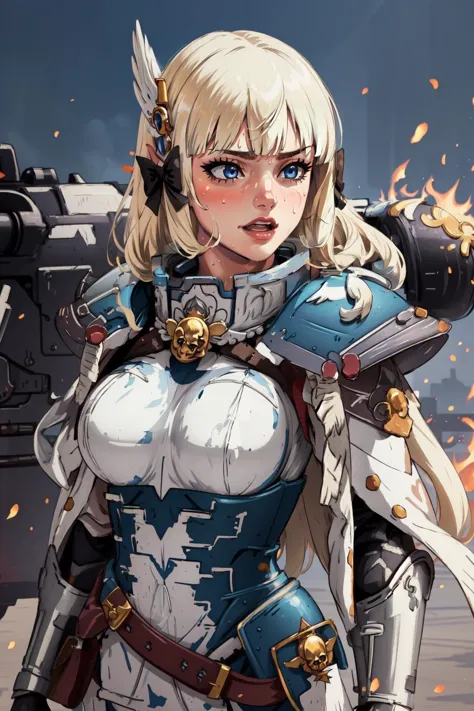 (masterpiece, best quality),  intricate details,
1girl,  <lora:saren_v1:0.8> aasaren, long hair, blonde hair, hair bow, black bow, hair ornament, blunt bangs, pointy ears, large breasts, 
sweating, 
 <lora:edgWar40KAdeptaSororitas:1> edgAdepta, ,wearing edgAdepta,power armor,shoulder armor,skull emblem
flamethrower, maniacal, dark, battlefield,  black armor,