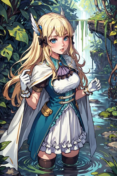 (masterpiece, best quality),  intricate details,
1girl,  aasaren, long hair, blonde hair, hair bow, black bow, hair ornament, blunt bangs, pointy ears, large breasts, brooch, white cape, aqua dress, underbust, short sleeves, white gloves, white skirt, frilled skirt, white thighhighs, 
sweating, boob sweat, 
  swamp,bottomless swamp,sticky slime
outdoors, jungle, hot, vines,