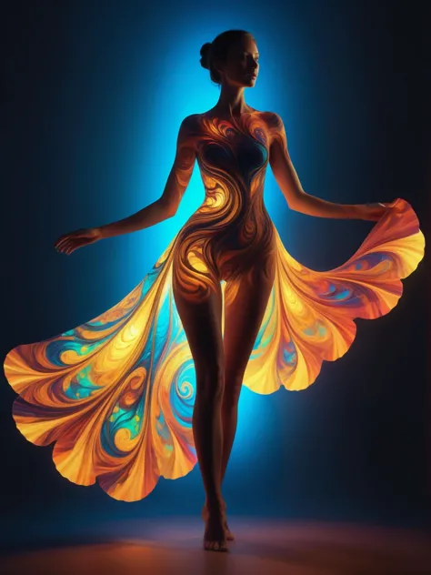 woman with glowing translucent fractal skin, full body, swirling organic patterns, vibrant, ultra hd, vivid colors, perfect comp...
