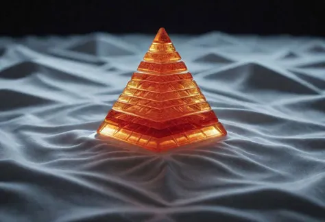 cinematic shot of a quantum GummiRay concept pyramid liquid flowing quantum insane fabric, realistic multidimensional abstractio...