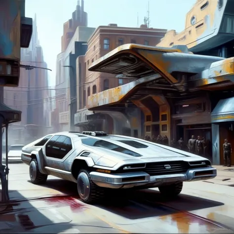 makino painting of a futuristic car in a dystopian urban scene, science fiction, cyberpunk, star citizen, cinematic oil painting...